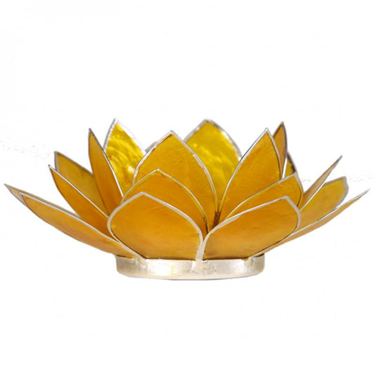 Lotus Teelichthalter gelb 3. Chakra silberfarbig aus Capiz Muscheln 13,5 cm