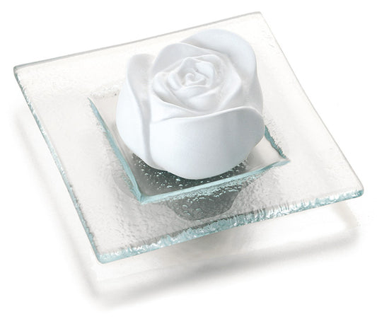 Rose blossom scented stone on a transparent glass plate
