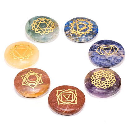Edelstein SET mit 7 Chakra Symbolsteinen (rund)