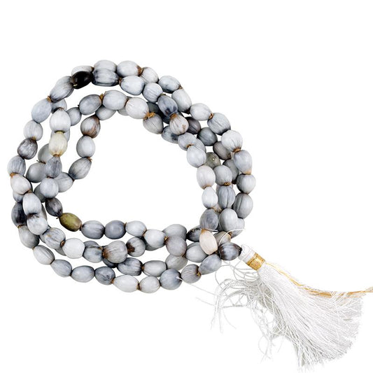 Mala Vaijayanti seeds 108 beads white tassel + bag