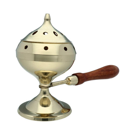 Large bronze incense burner with wooden handle