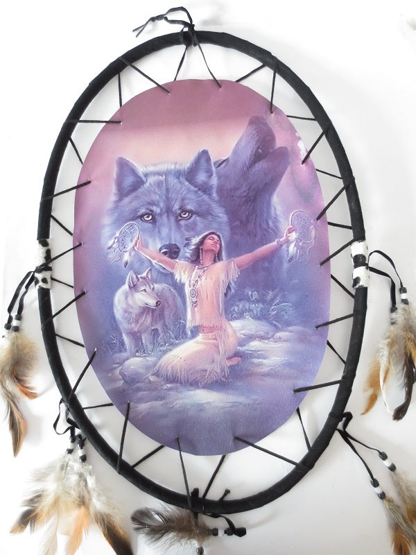Dream catcher oval with meditating woman and wolves