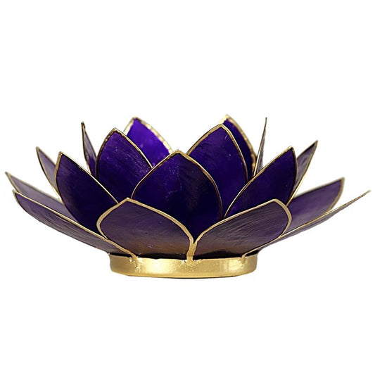 Lotus Teelichthalter violett 7. Chakra goldfarbig aus Capiz Muscheln 13,5 cm