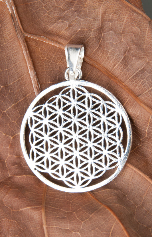 Flower of life pendant made of brass, silver-plated Ø 3 cm