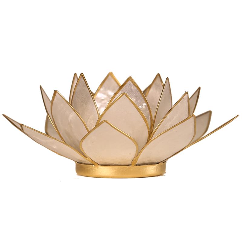 Eleganter Lotus Teelichthalter aus Capiz Muscheln - Weiß und Goldfarben, 13,5 cm
