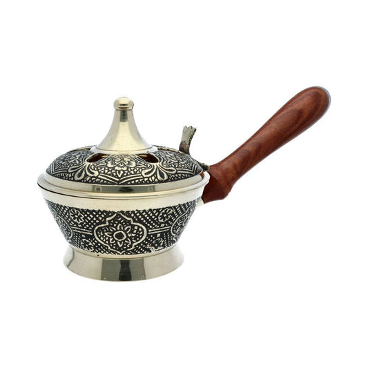 Bronze incense burner with black engraving and wooden handle