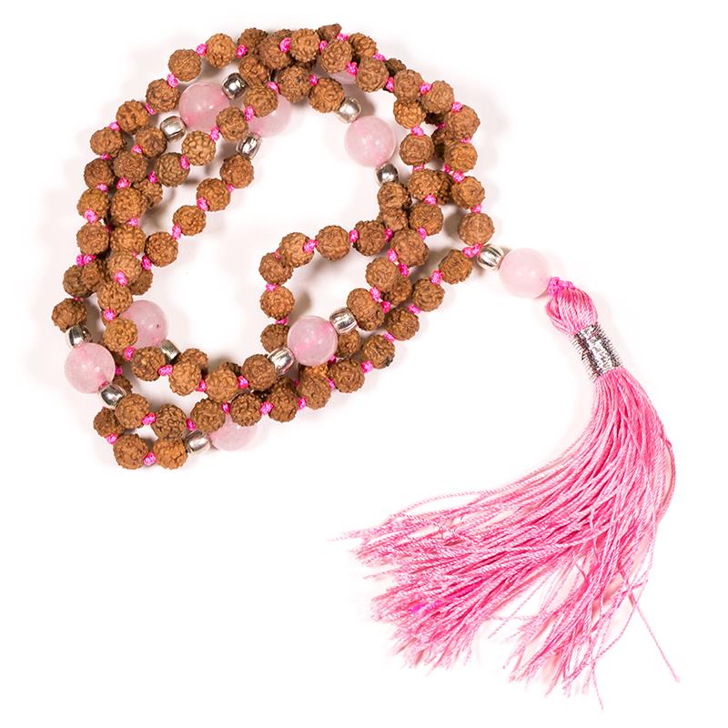 Mala Rudraksha und Rosenquarz mit rosa Quaste
