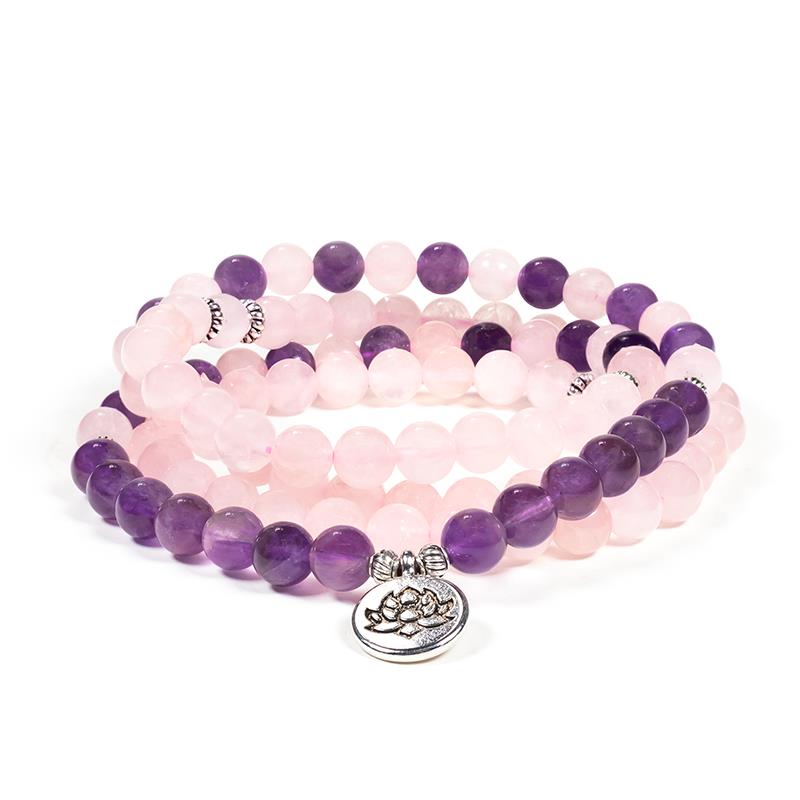 Mala rose quartz/amethyst elastic with lotus