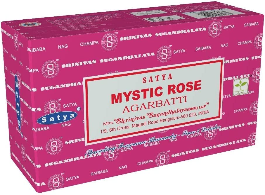 Satya Mystic Rose Räucherstäbchen Verpackung mit Rosenmotiv