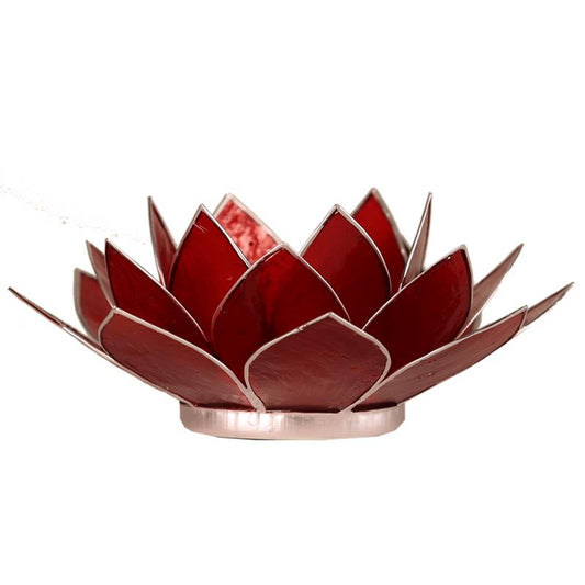 Lotus Teelichthalter rot 1. Chakra silberfarbig aus Capiz Muscheln 13,5 cm