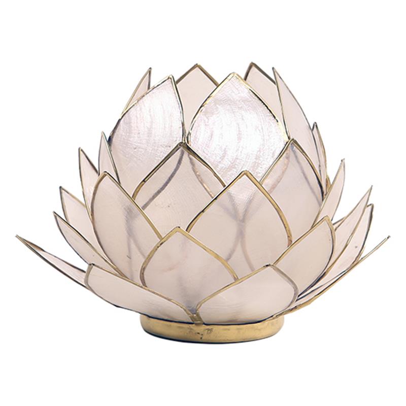 Eleganz in Beige und Gold - Großer Lotus Teelichthalter aus Capiz Muscheln