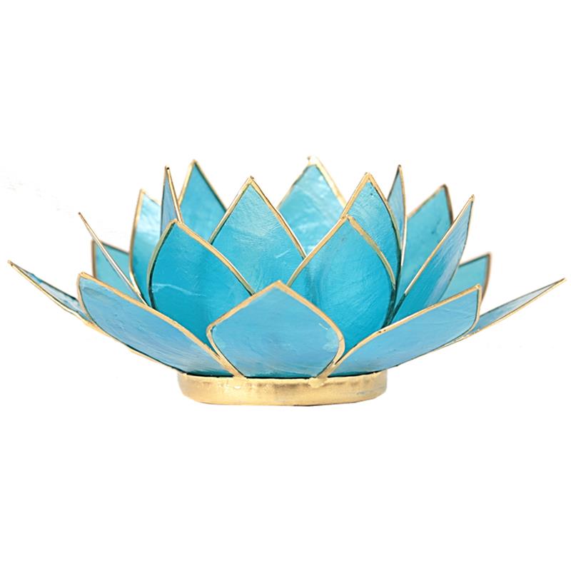 Lotus Teelichthalter blau 5. Chakra goldfarbig aus Capiz Muscheln 13,5 cm