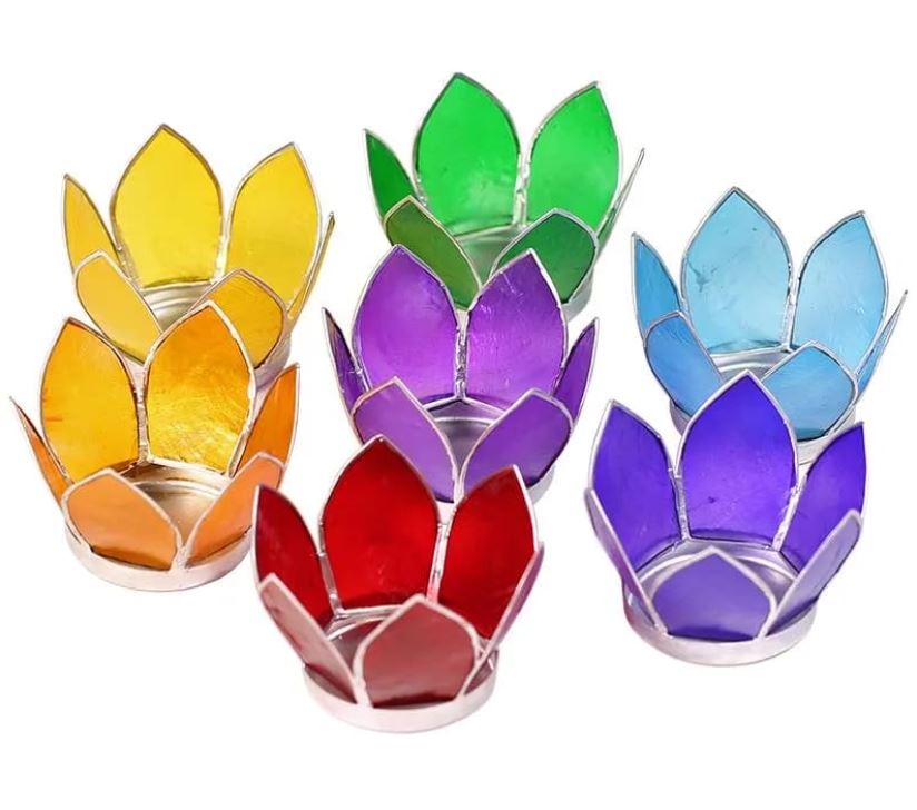 Set 7 Lotus Teelichthalter Chakra-Farben Silber - Eleganz und Harmonie