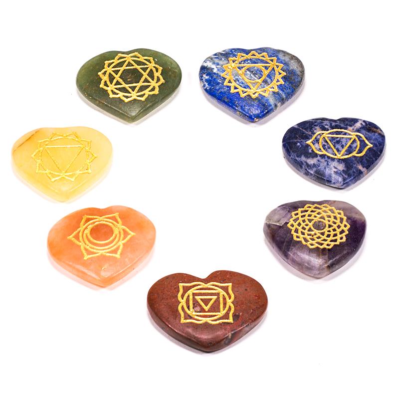 Edelstein SET mit 7 Chakra Symbolsteinen (Herz)