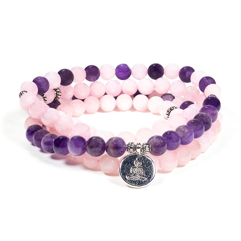 Mala rose quartz/amethyst elastic with Buddha