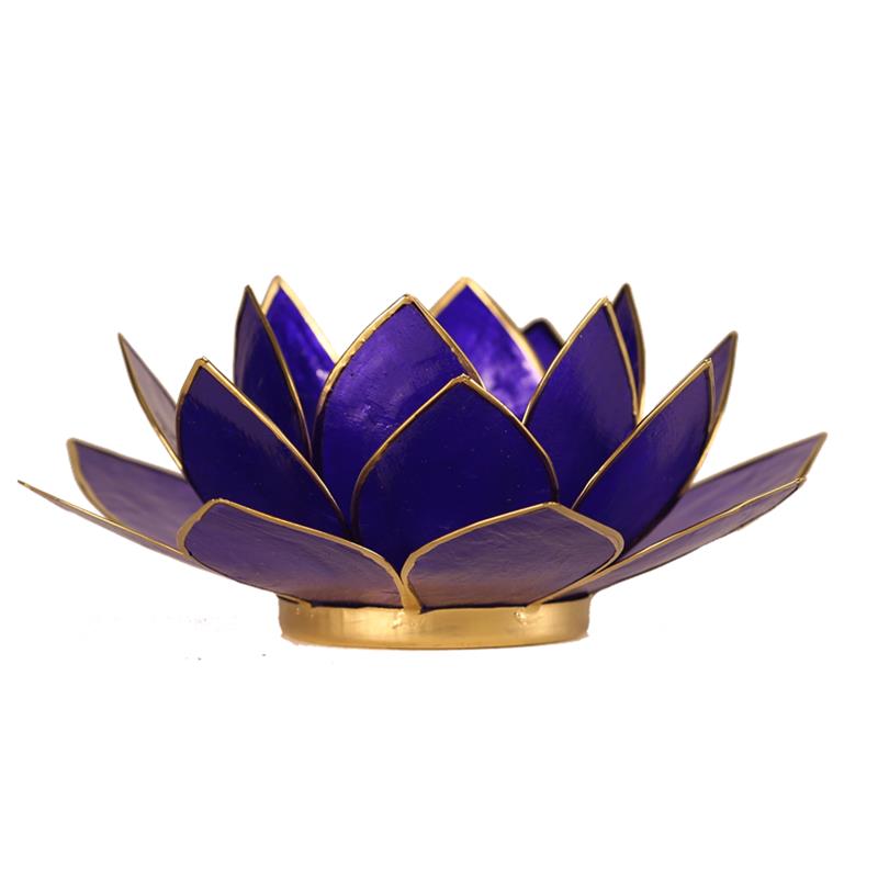 Lotus Teelichthalter indigo 6. Chakra goldfarbig