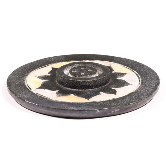 Incense stick holder - soapstone - with lotus in yellow and black 