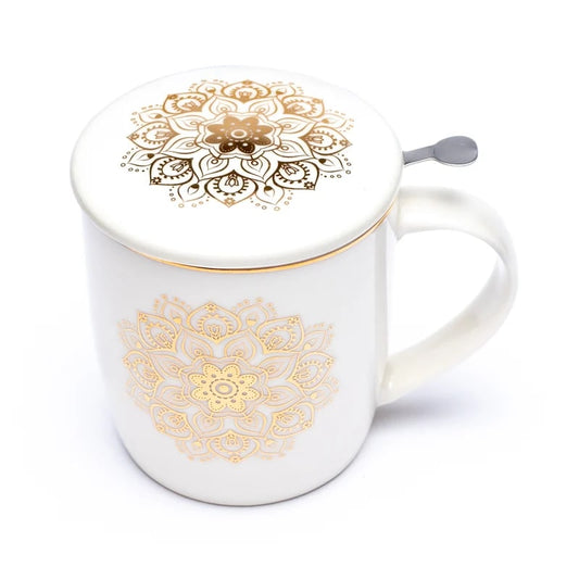 Tea cup with strainer and lid white mandala