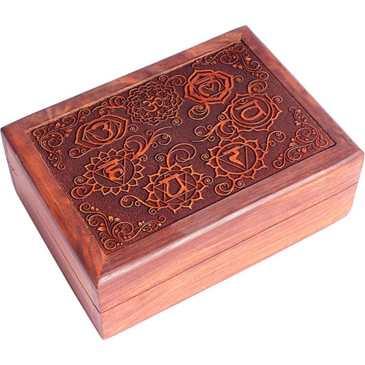Tarot box, carved 7 chakra symbols 