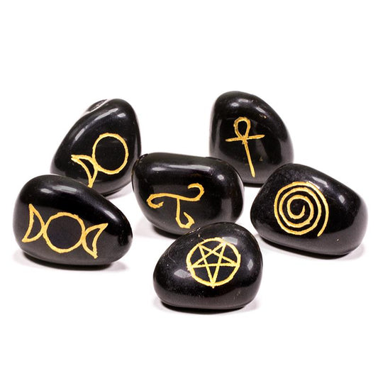 Wicca symbol stones black agate SET 6 x