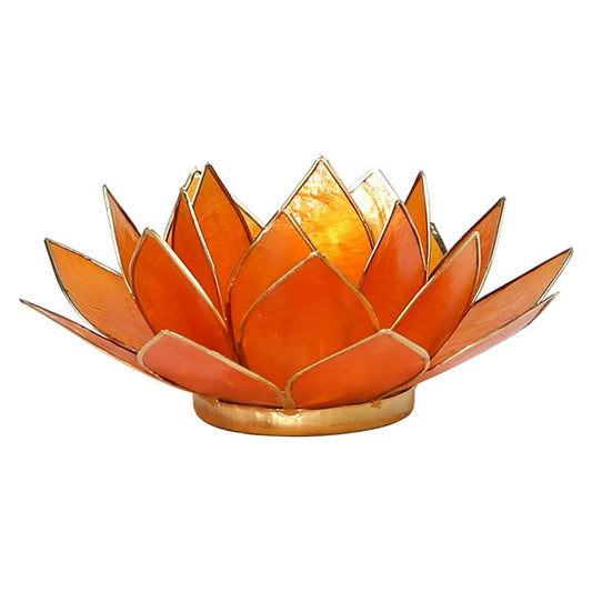 Lotus Teelichthalter orange 2. Chakra goldfarbig aus Capiz Muscheln 13,5 cm